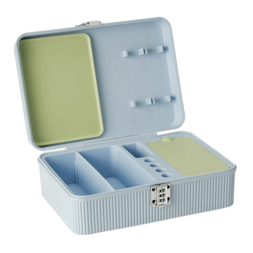 Sky-pistachio colored open stash box from Tulip, one of our best products for Memorial Day Weekend